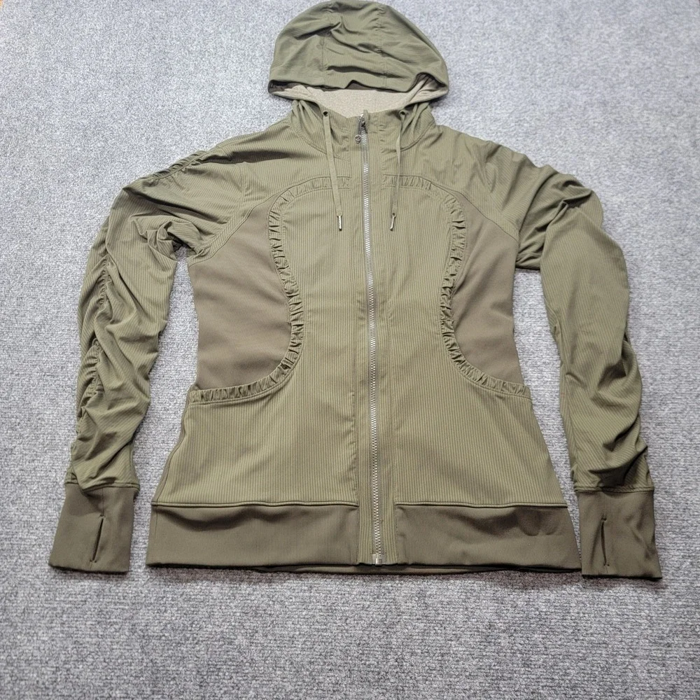 Lululemon Stride Jacket Olive Green Full Zip Ruffle Hoodie Thumbholes Size 8